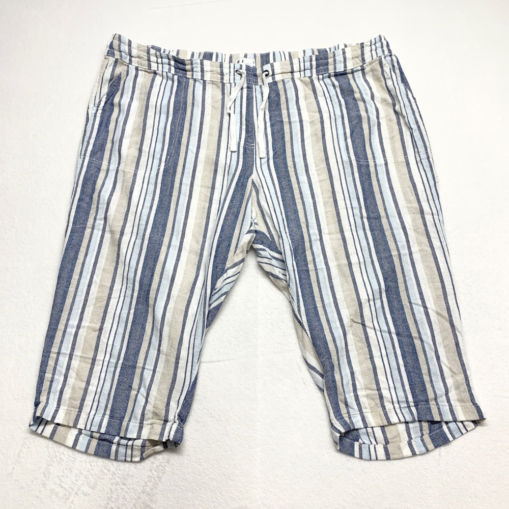 Dash Striped Linen Blend Capri Pants Womens 3X Blue Tan Summer Casual Drawstring